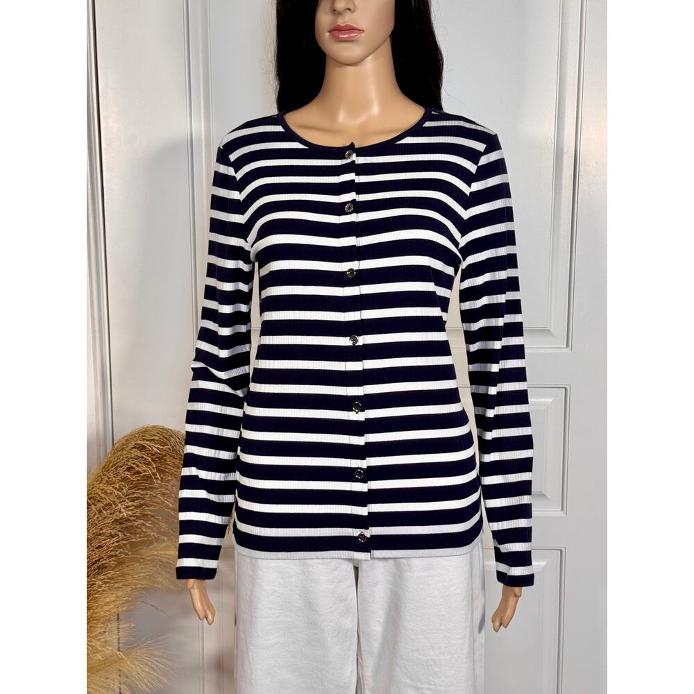 TALBOTS NAVY BLUE AND WHITE STRIPE CARDIGAN SIZE MEDIUM - Picture 7 of 10